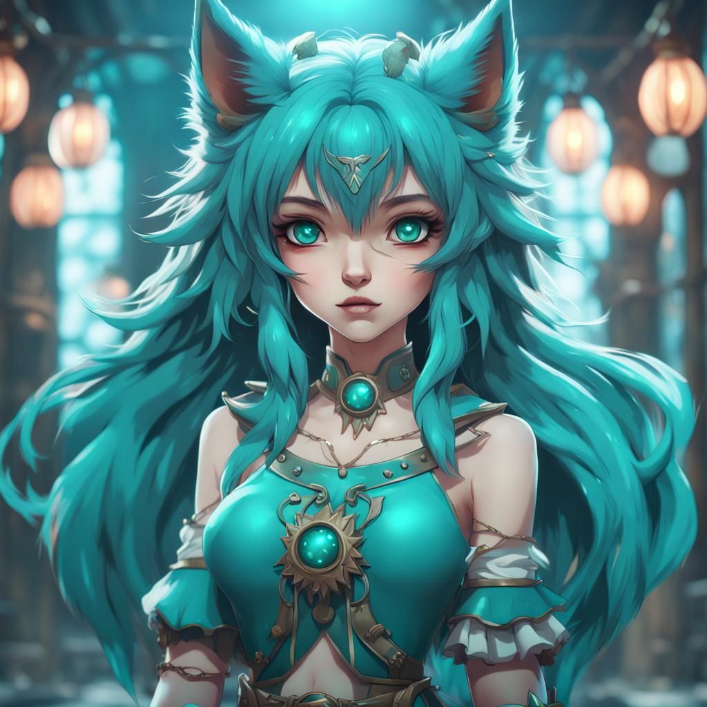 Cute Teal Anime Wolf Girl in Detailed Painting