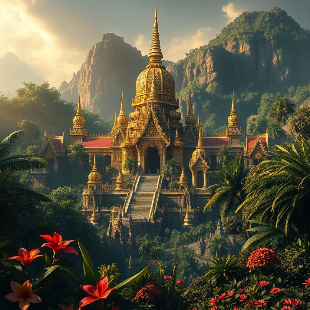 Thai Temple Complex in Golden Light