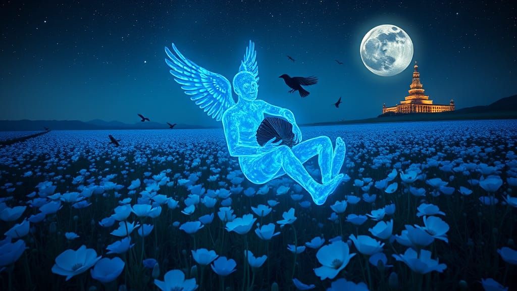 Bioluminescent Figure Flies Over Himalayan Poppy Field