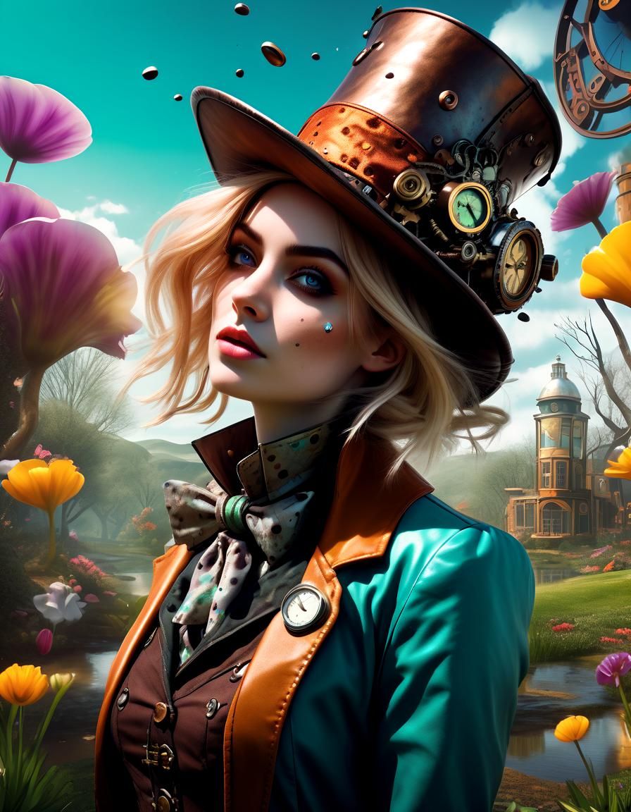 Steampunk Mad Hatter in Spring Landscape, Hyperrealistic Art