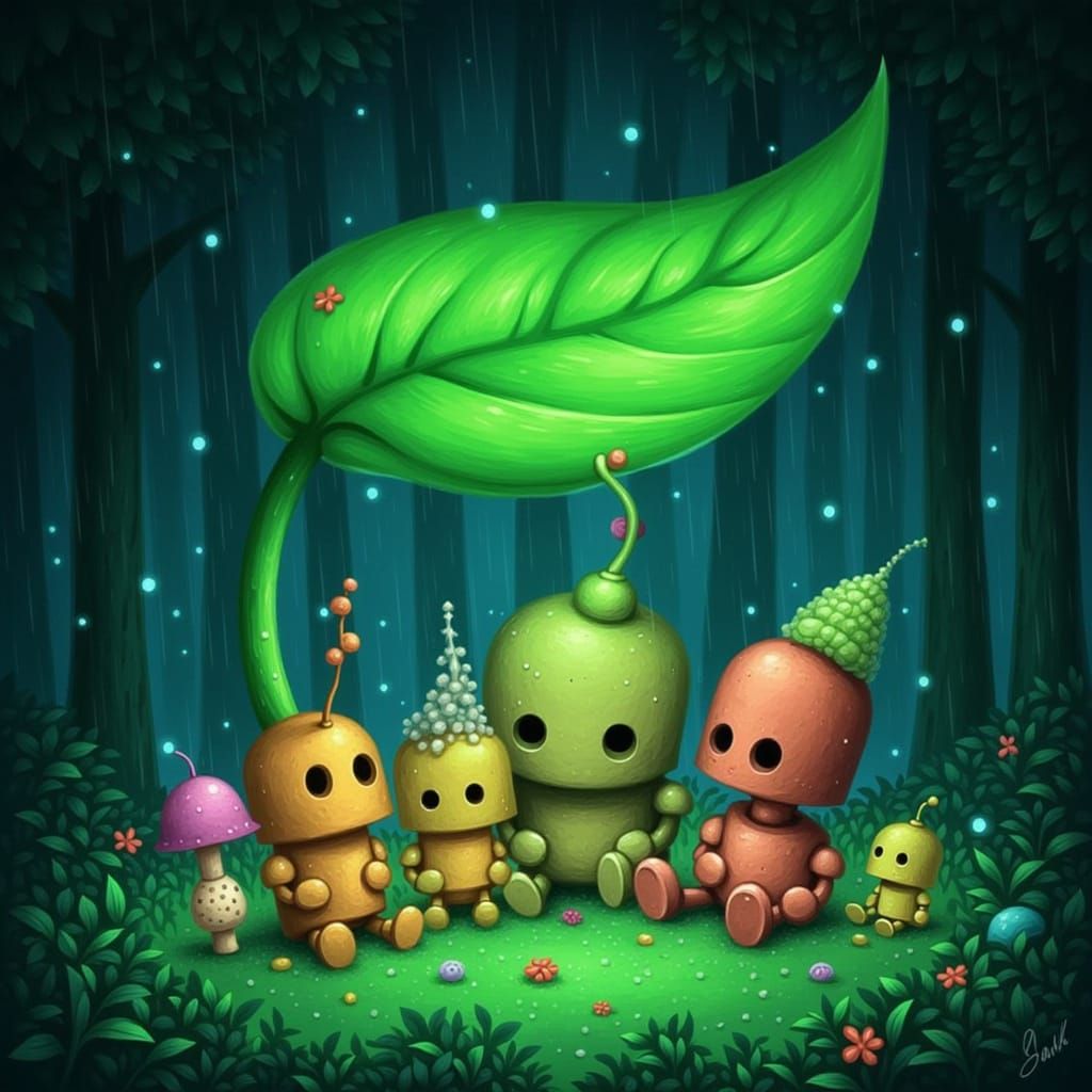 Mystical Creatures Under Emerald Hosta Leaf in Downpour