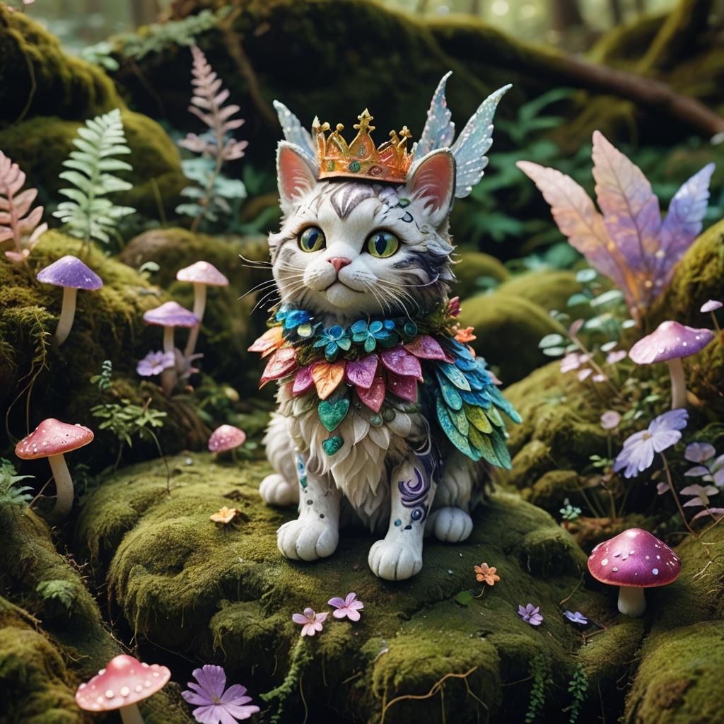 Fantasy Cat Toy Figurine in Whimsical Forest