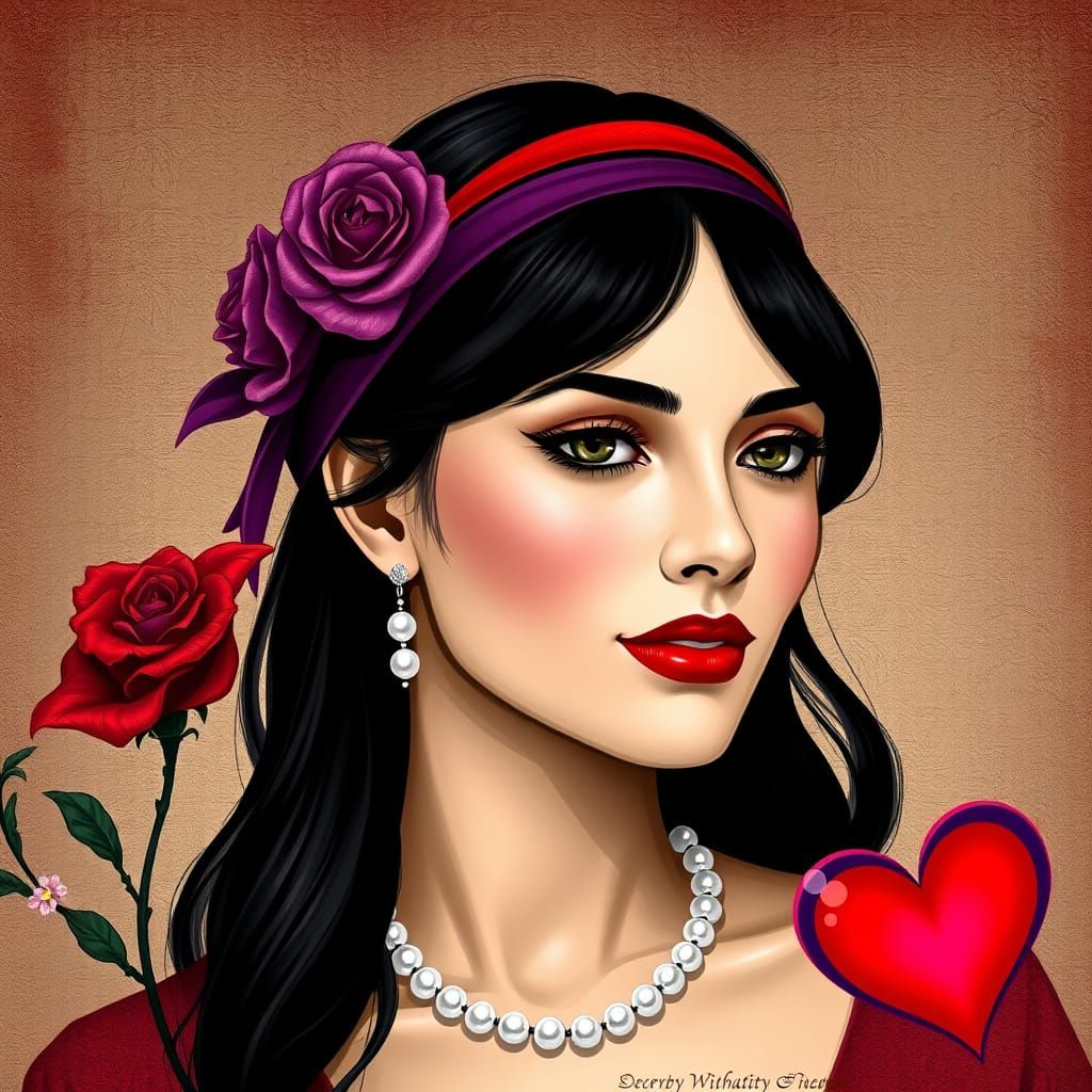 Woman in Red and Purple Hues with Floral Accents