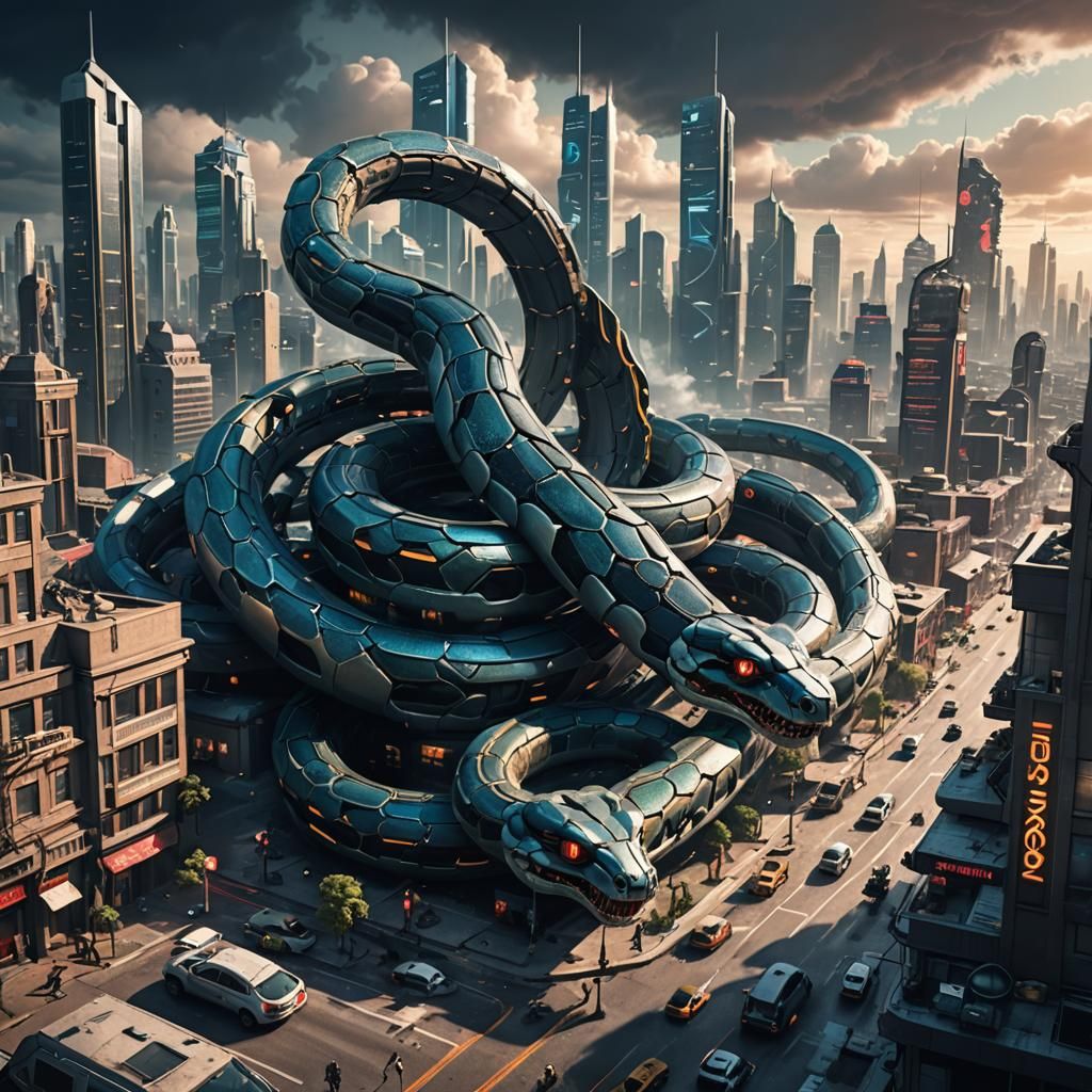 Cyberpunk Snake Destroys Future City in 3D