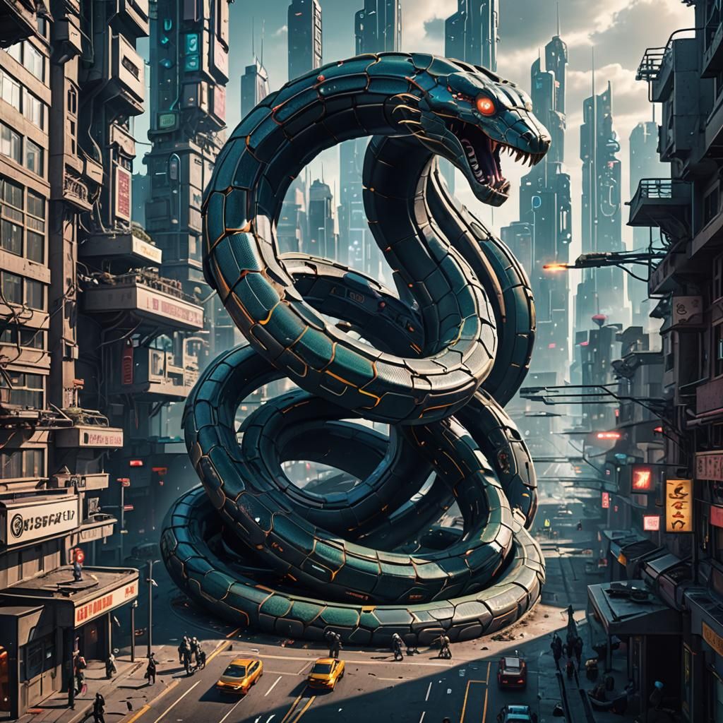 Cyberpunk Snake Destroys Futuristic City in 3D