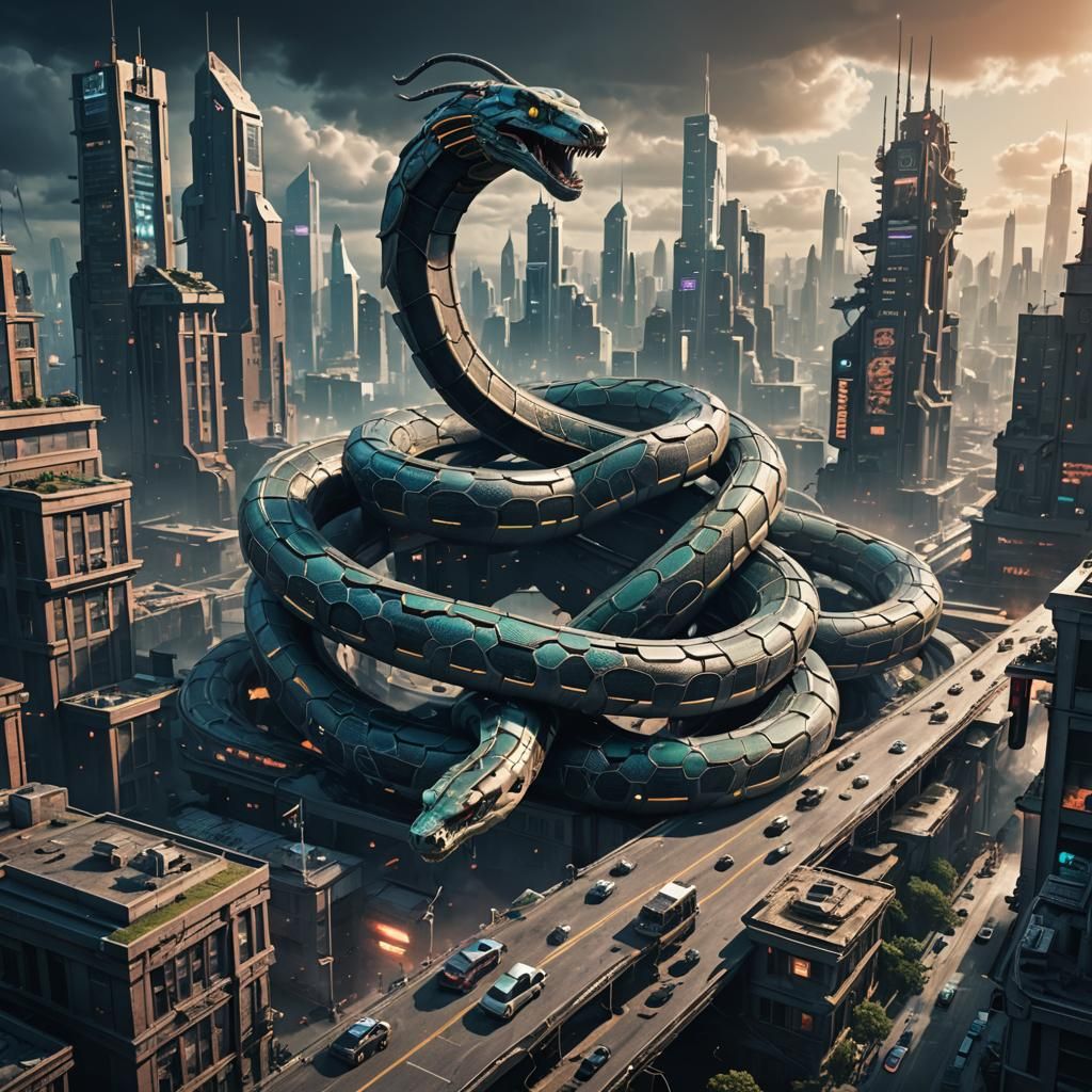 Cyberpunk Snake Destroys Future City in 3D
