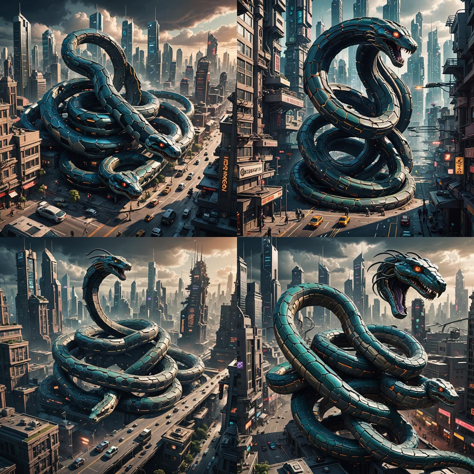Cyberpunk Snake Destroys Future City in 3D