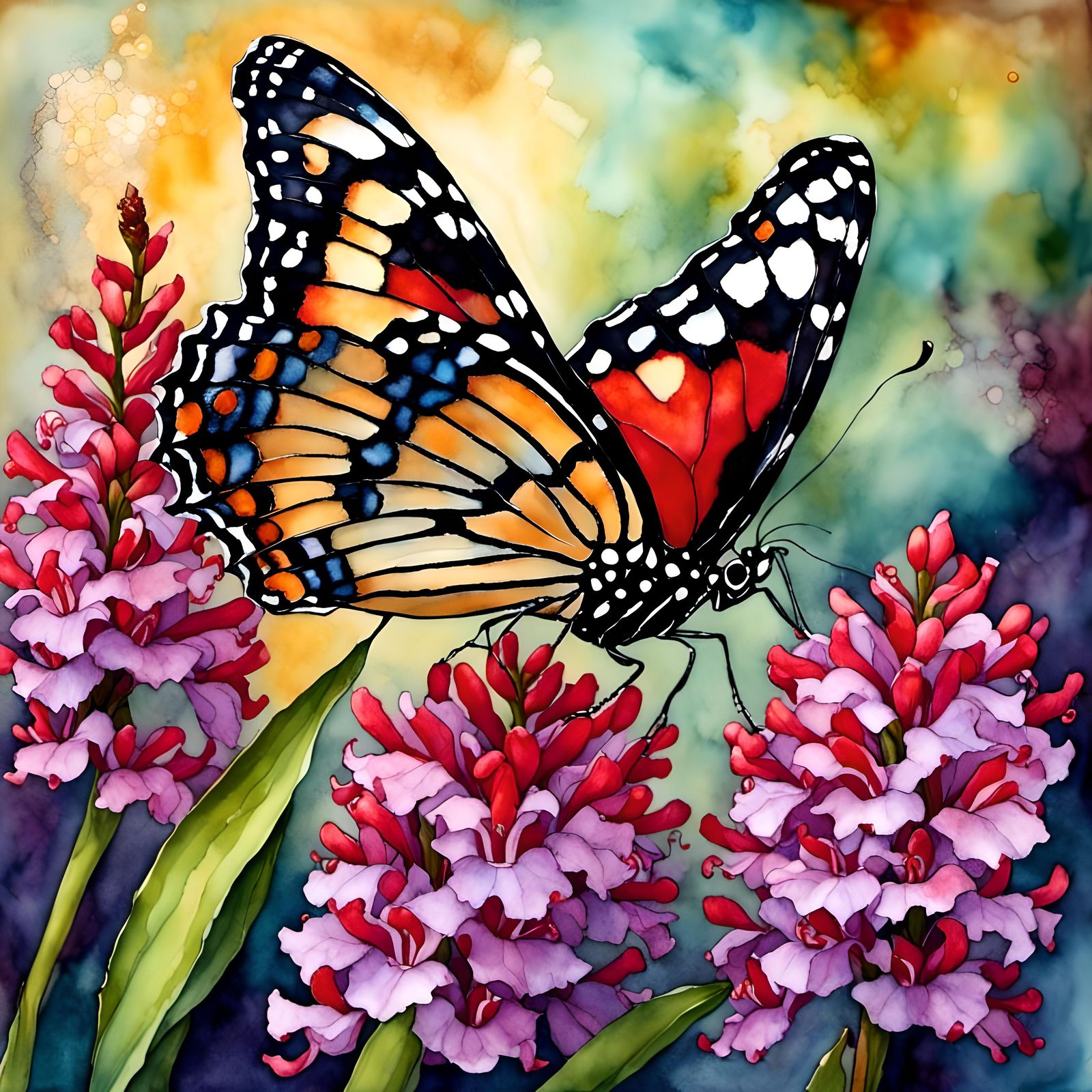 Butterfly Nectaring on Hyacinth Flower in Ink Style