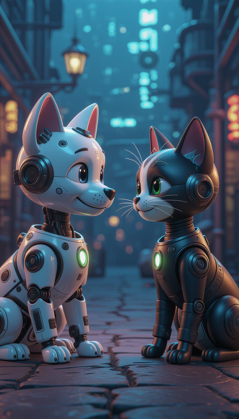 Cyborg Dog and Cat in Steampunk World