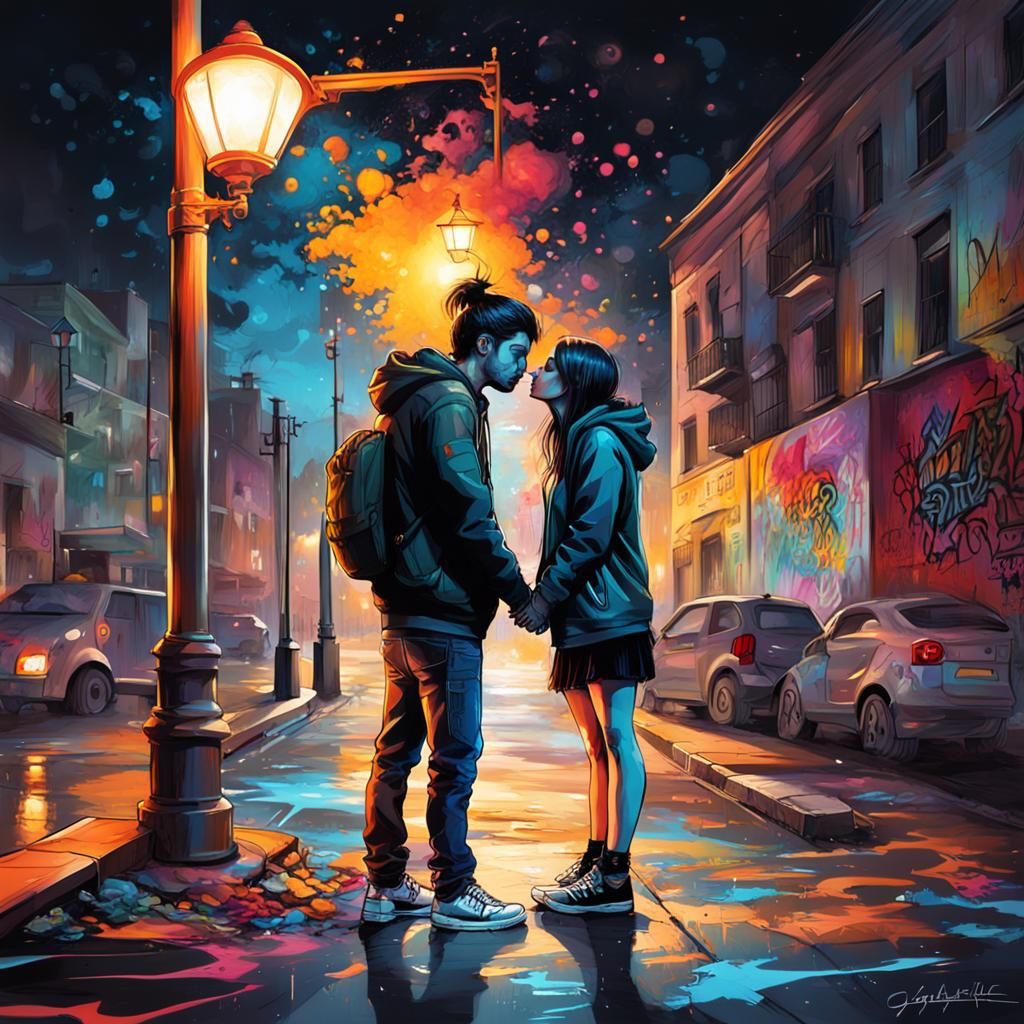 Kissing Couple in Urban Street Art Style
