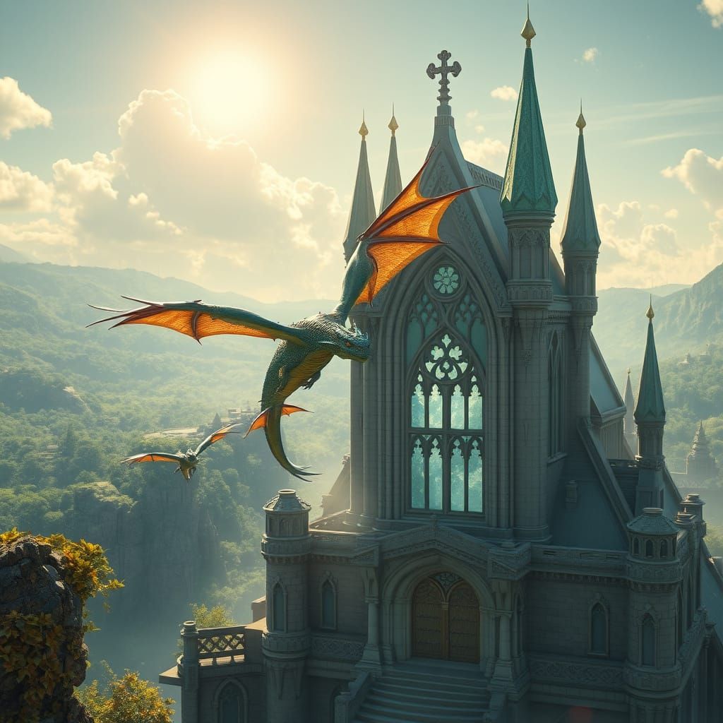 Hyper-realistic beautiful fantasy world with dragons flying ...