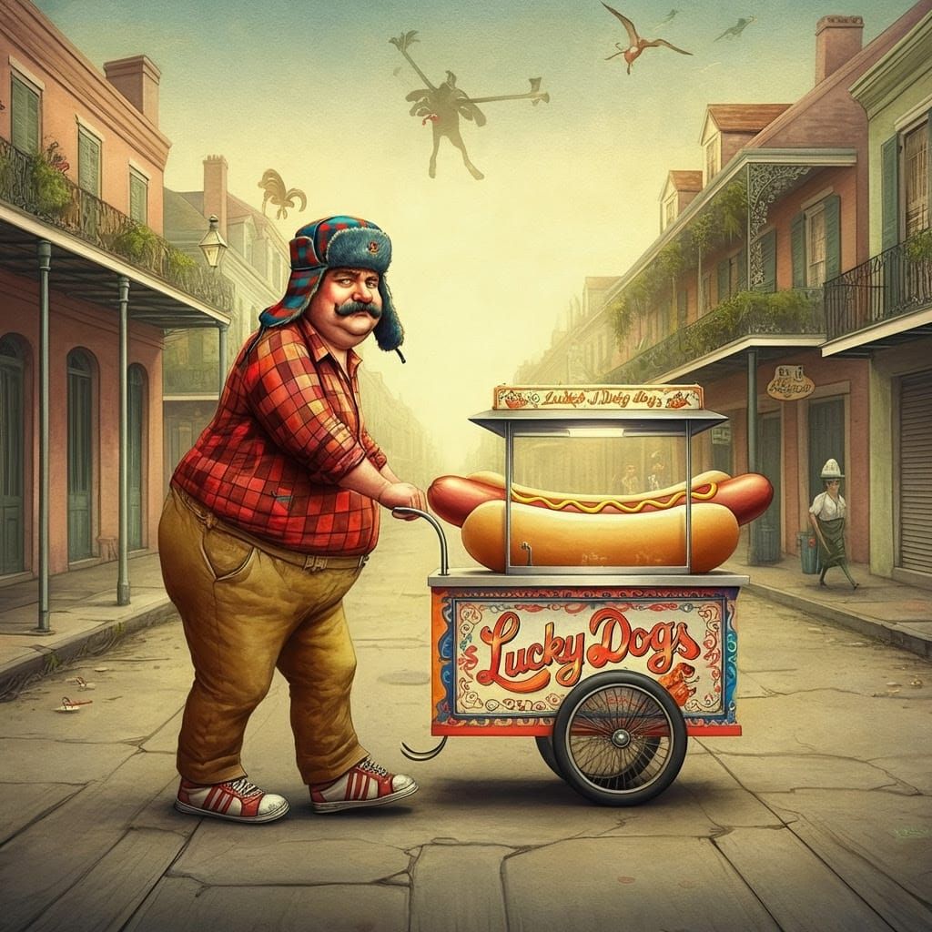 Surreal New Orleans Street Scene in Whimsical Watercolor