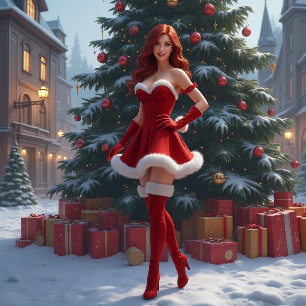 The Female Spirit of Christmas Poses in a Festive Wonderland