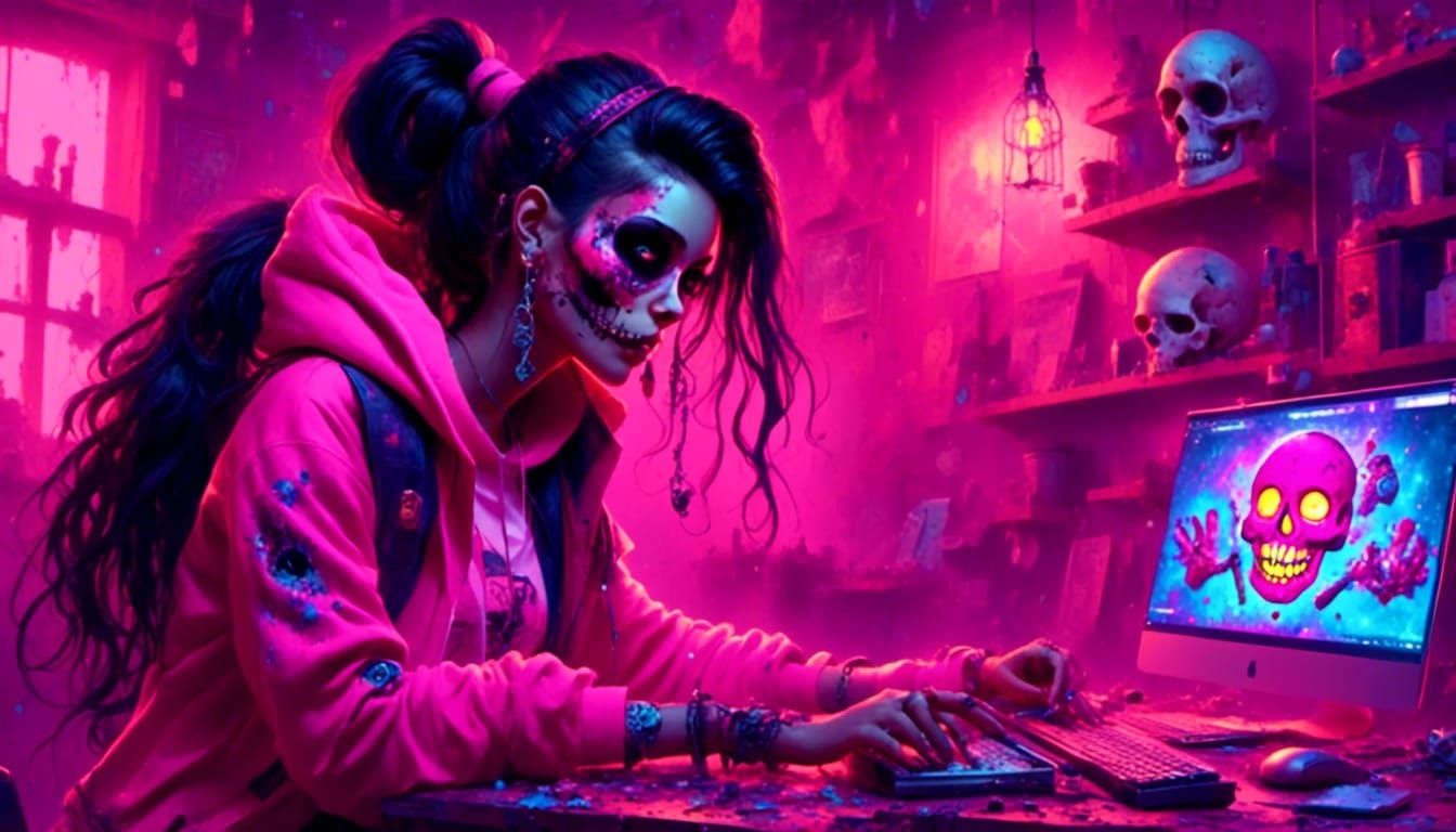 Animated Zombie Girl with Sugar Skull Makeup