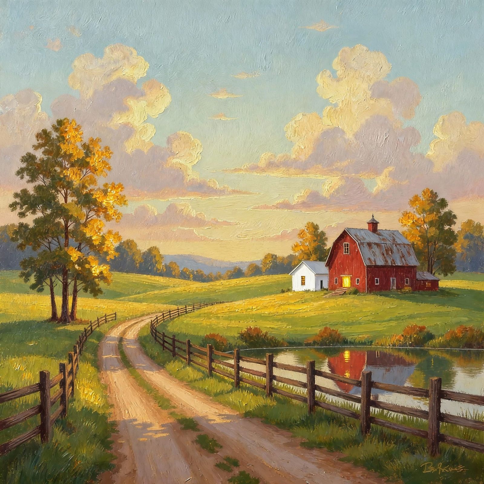 Peaceful Rural American Landscape in Bob Ross Style