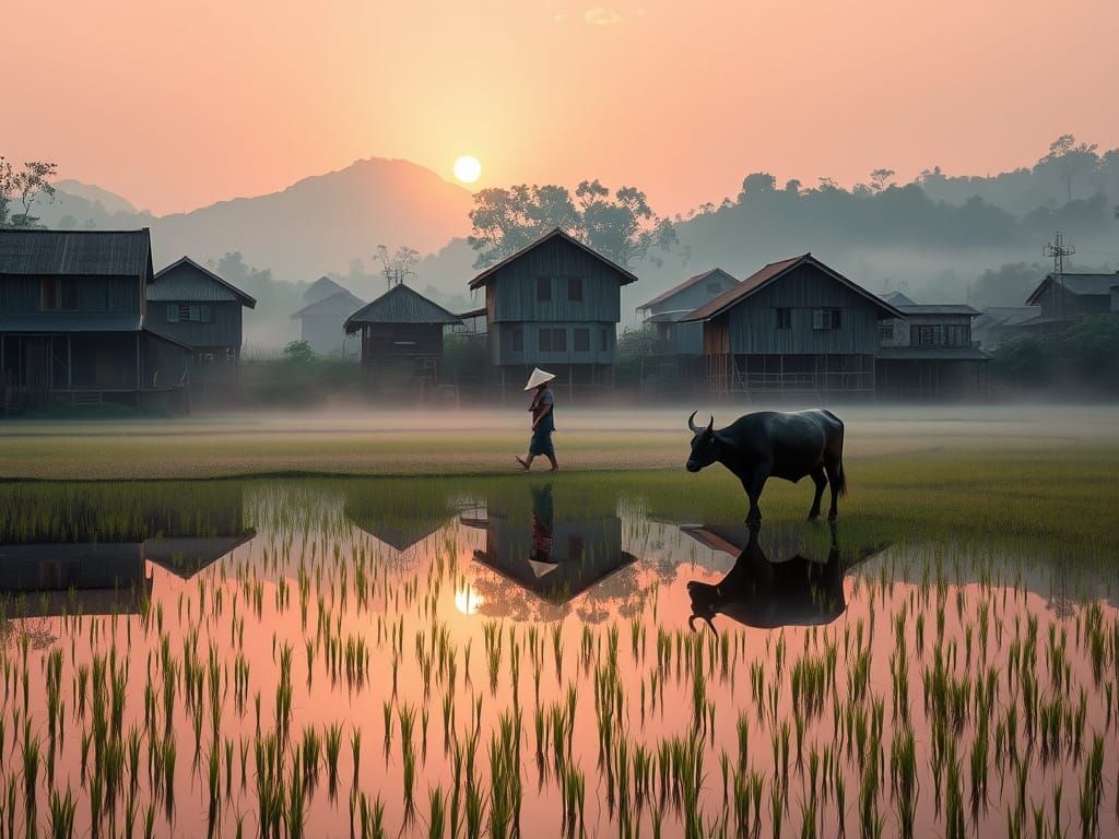 Vietnamese Village at Dawn: Stilt Houses and Rice Paddies