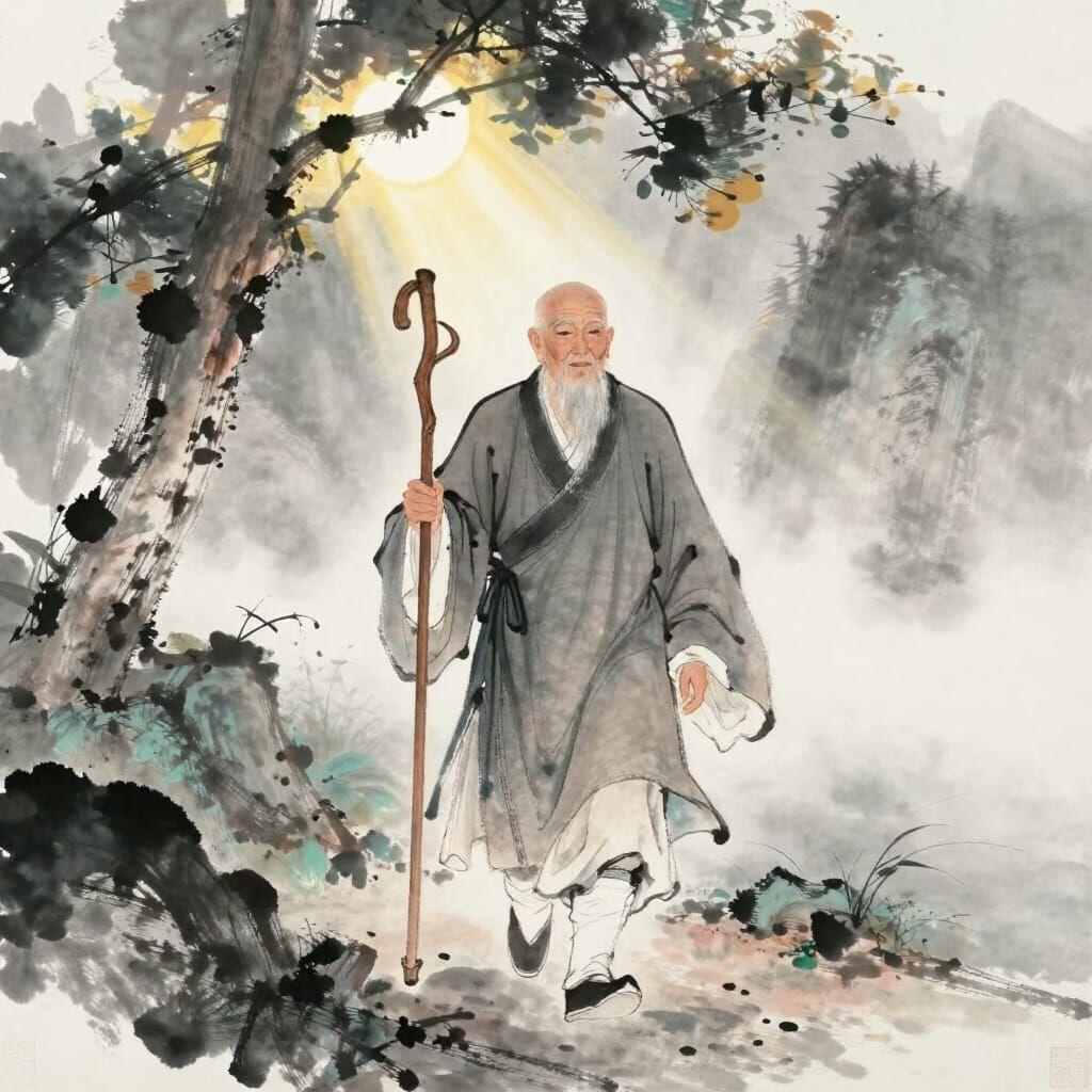 Elderly Monk's Serene Journey on Misty Mountain Path