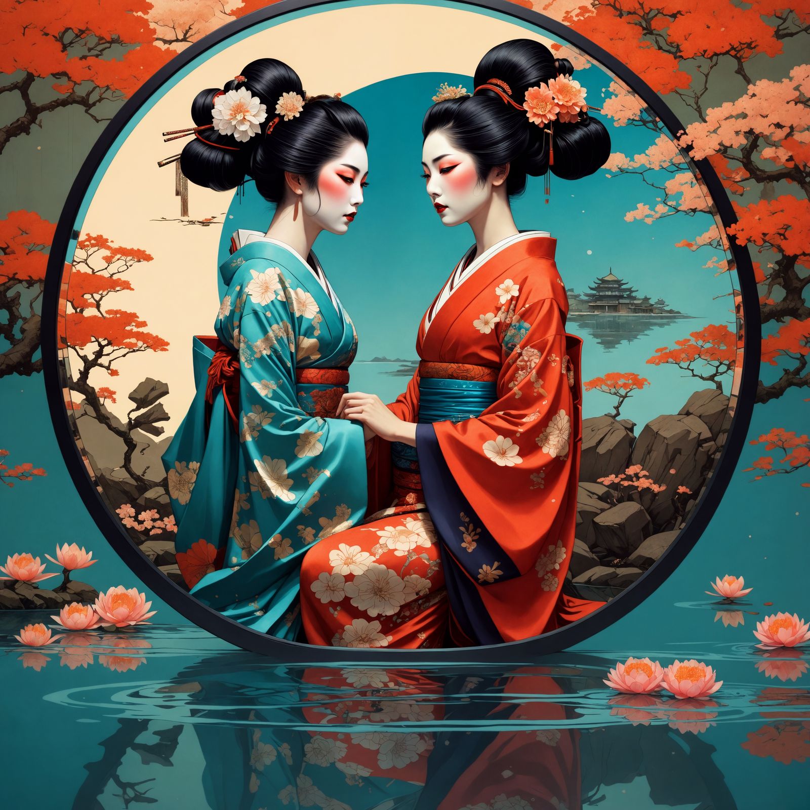 Geisha's Reflection: Hyperrealistic Digital Art