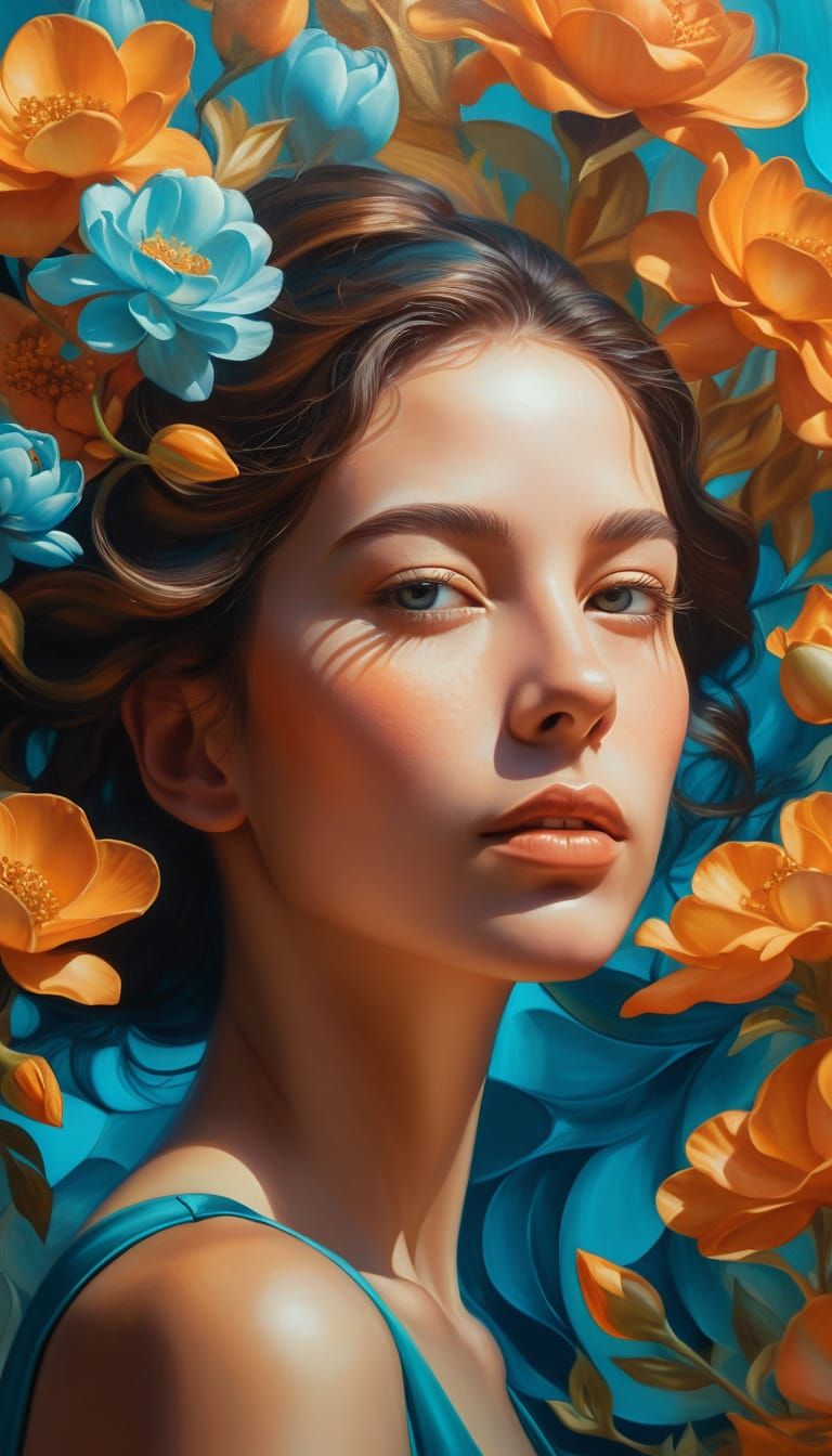 Surreal Woman with Flowers in Vibrant Oil Painting Style