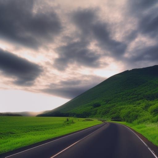 Green Mountain Road at Sunrise in Minimalist Style