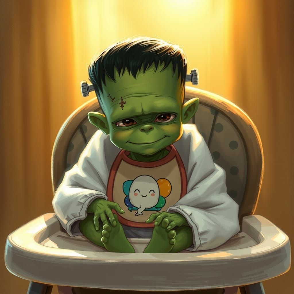Cute Baby Frankenstein in Miyazaki Anime Style