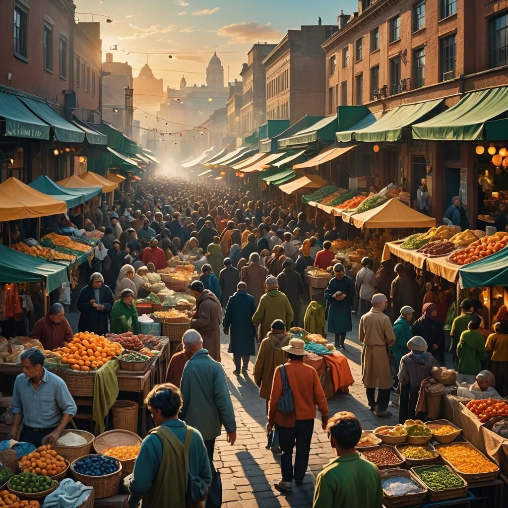 Vibrant Market Scene in Social Realism Style