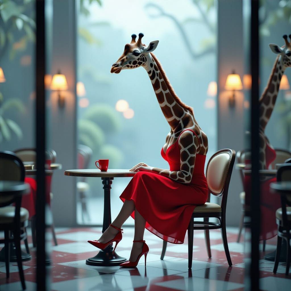 Giraffe in Red Dress in Mirrored Room