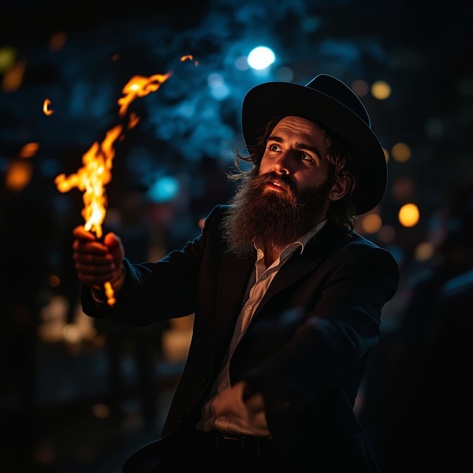 Hasidic Boy Dances With Fiery Torch at Night