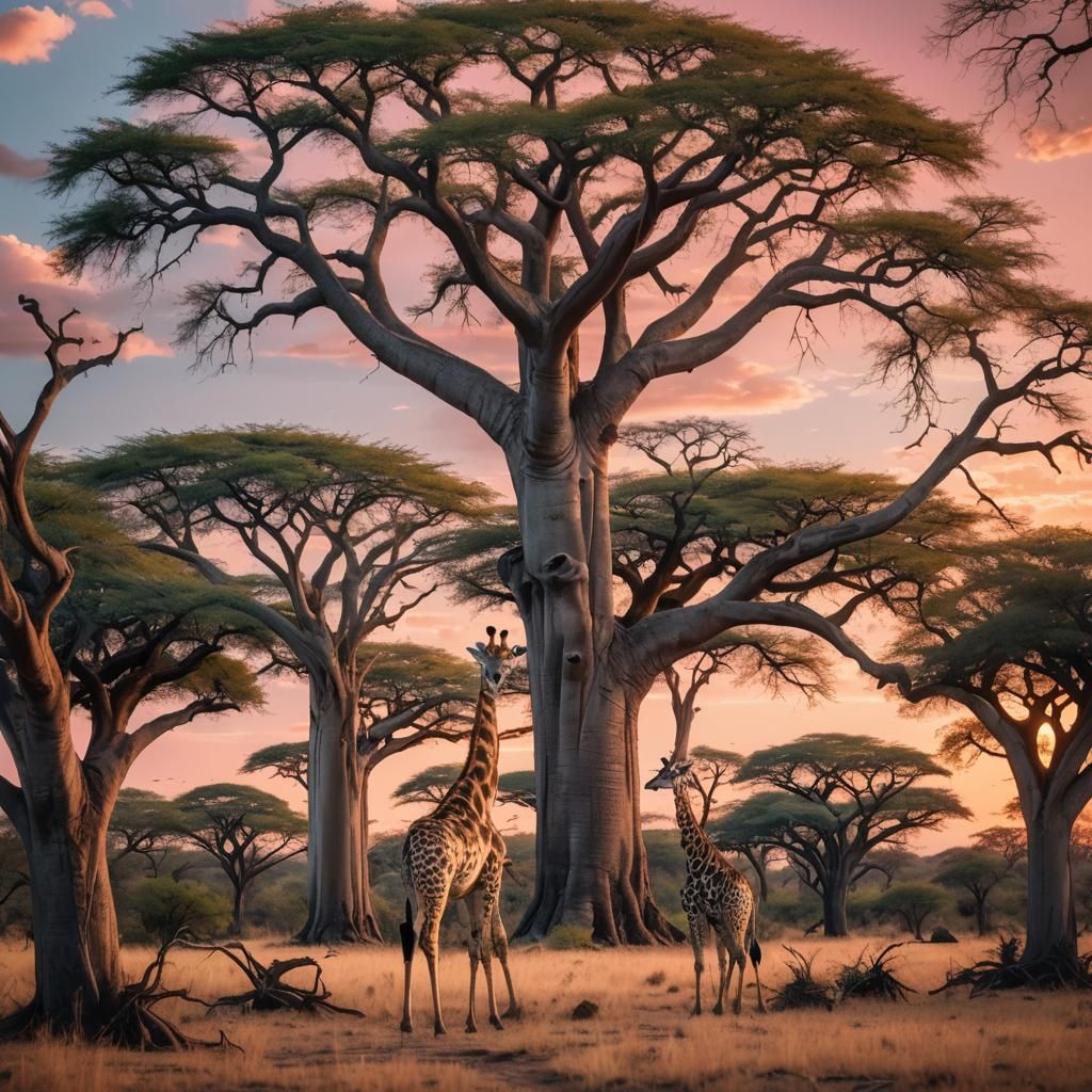 Surreal Savannah Sunset with Giraffe, Oil Painting