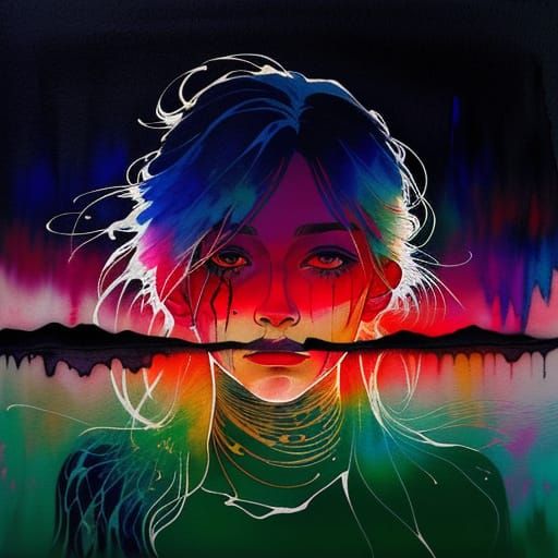 Woman in Flowing Clothes: Pastel Watercolor Ink Art