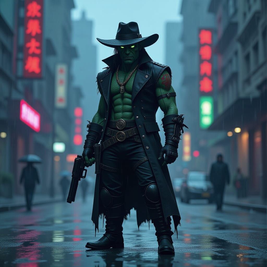 Post-Apocalyptic Goblin Jonah Hex in Cyberpunk Cityscape