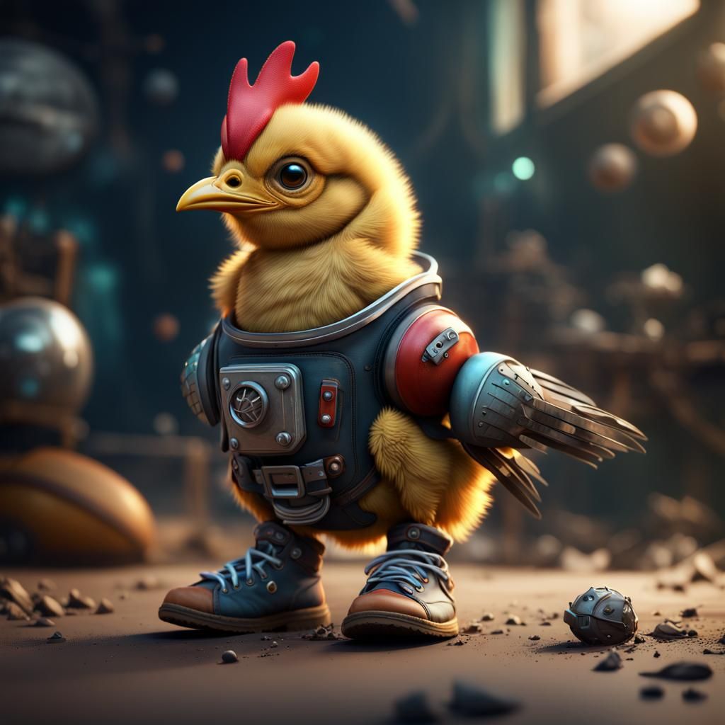 Baby Chicken in Punk Boots and Space Helmet