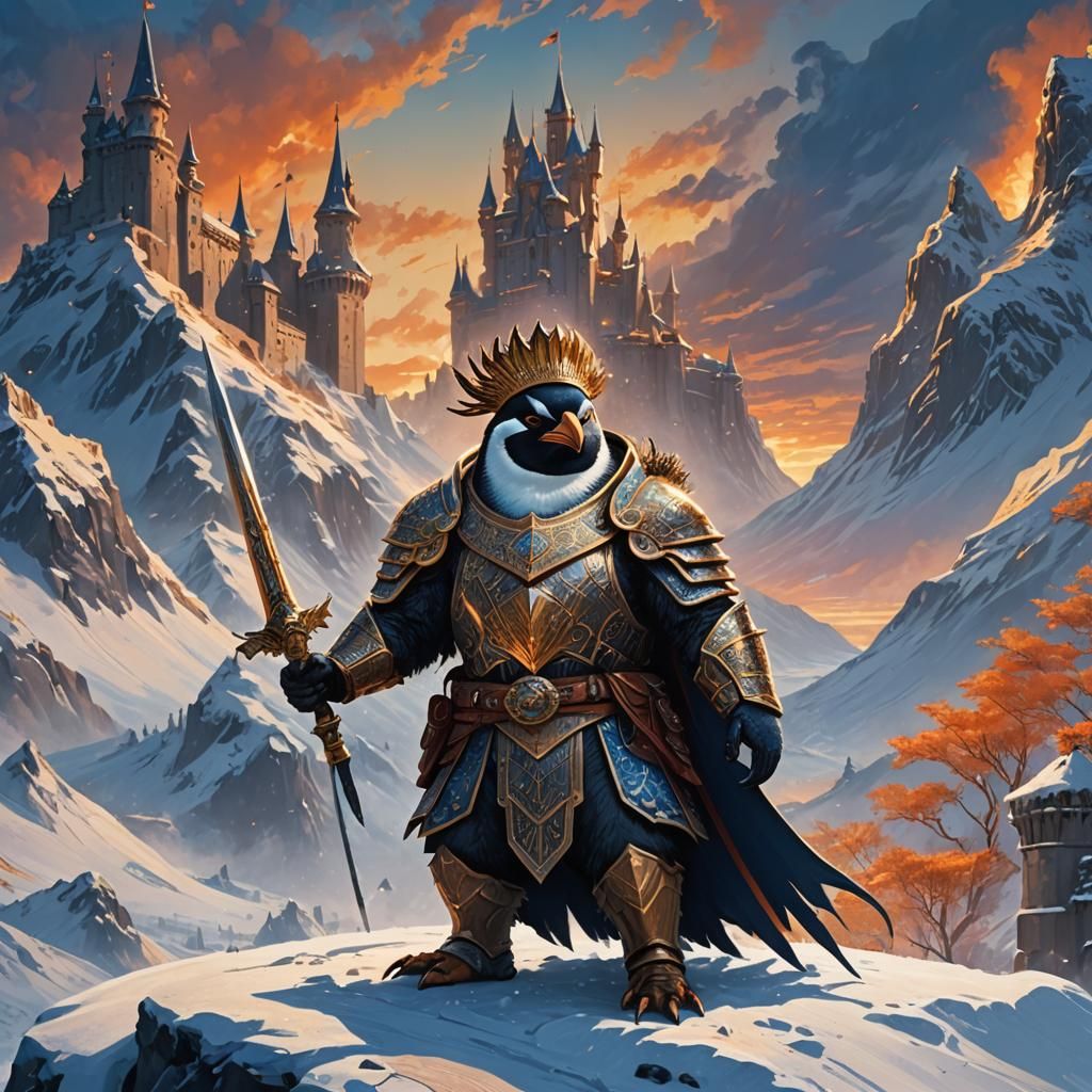 Regal Penguin Warrior King in Epic Fantasy Battle