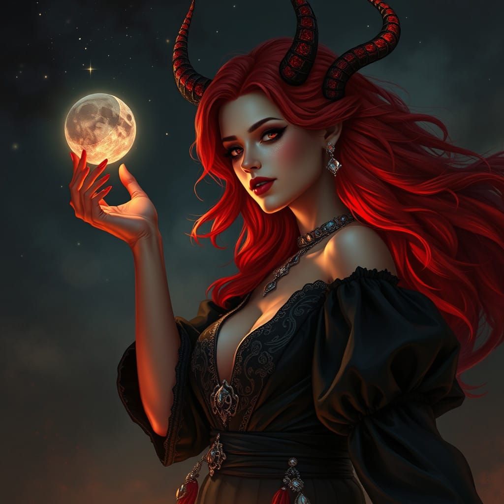 Sultry Demon Goddess Unveils Mystical Beauty Under Starry Ni...