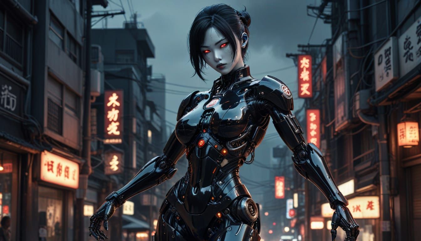 Gothic Gynoid in Cyberpunk Cityscape