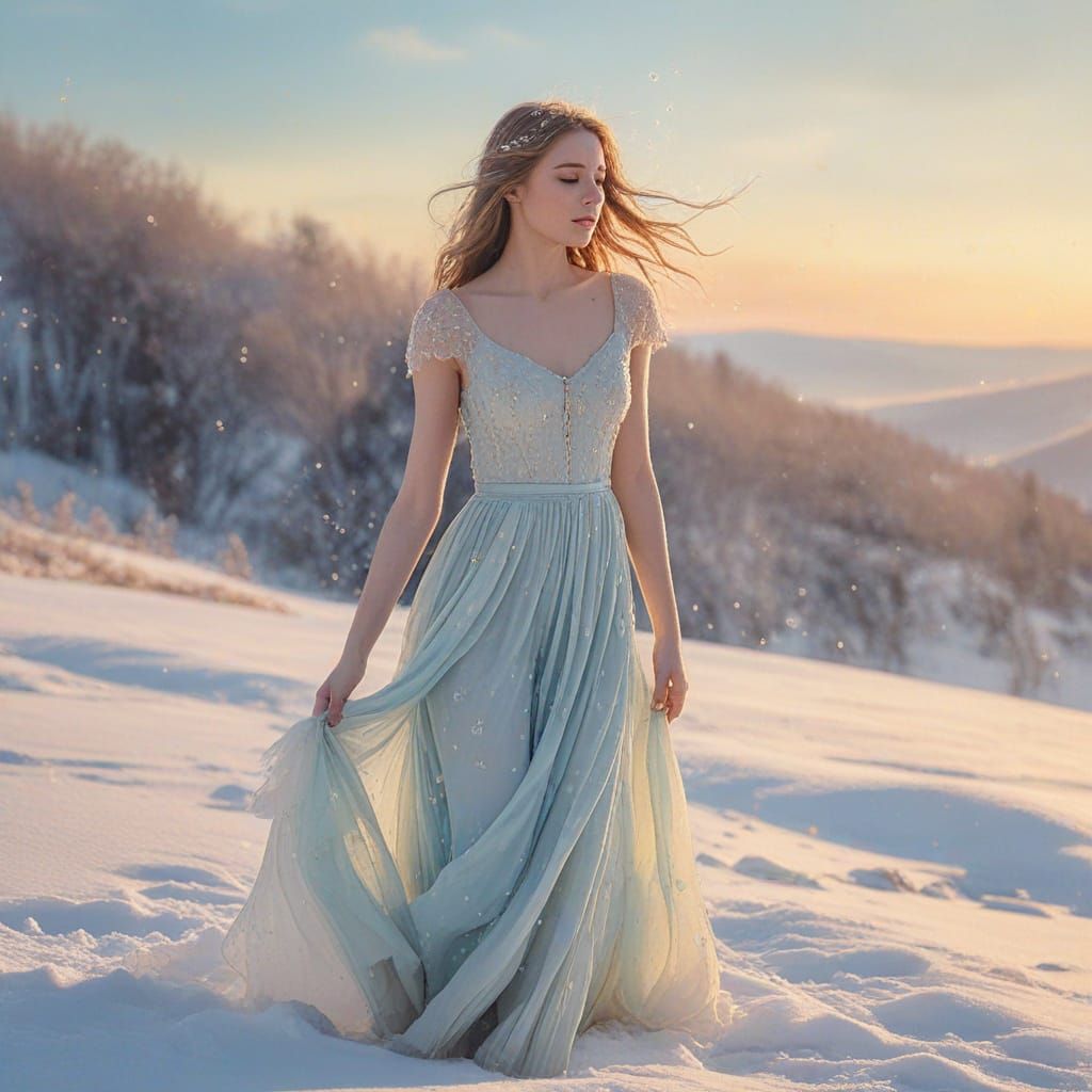 Girl on Snow Hill in Watercolor Style