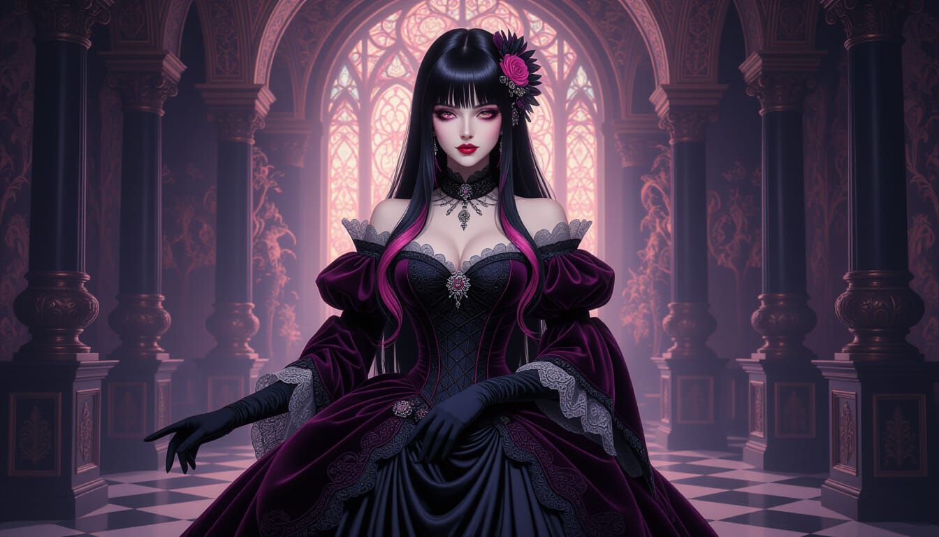 Victorian Woman in Opulent Ballroom, Gothic Art Style