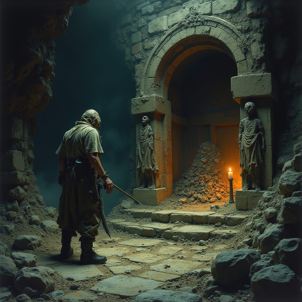 In the heart of a forgotten necropolis, a lone gravedigger unearths a hidden chamber, revealing an ancient altar adorned...