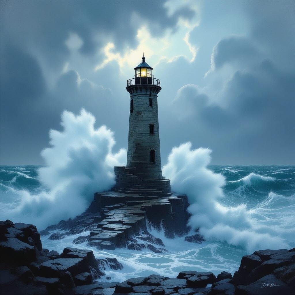 Ancient Lighthouse Braving Icy Storm in Dramatic Seascapes S...