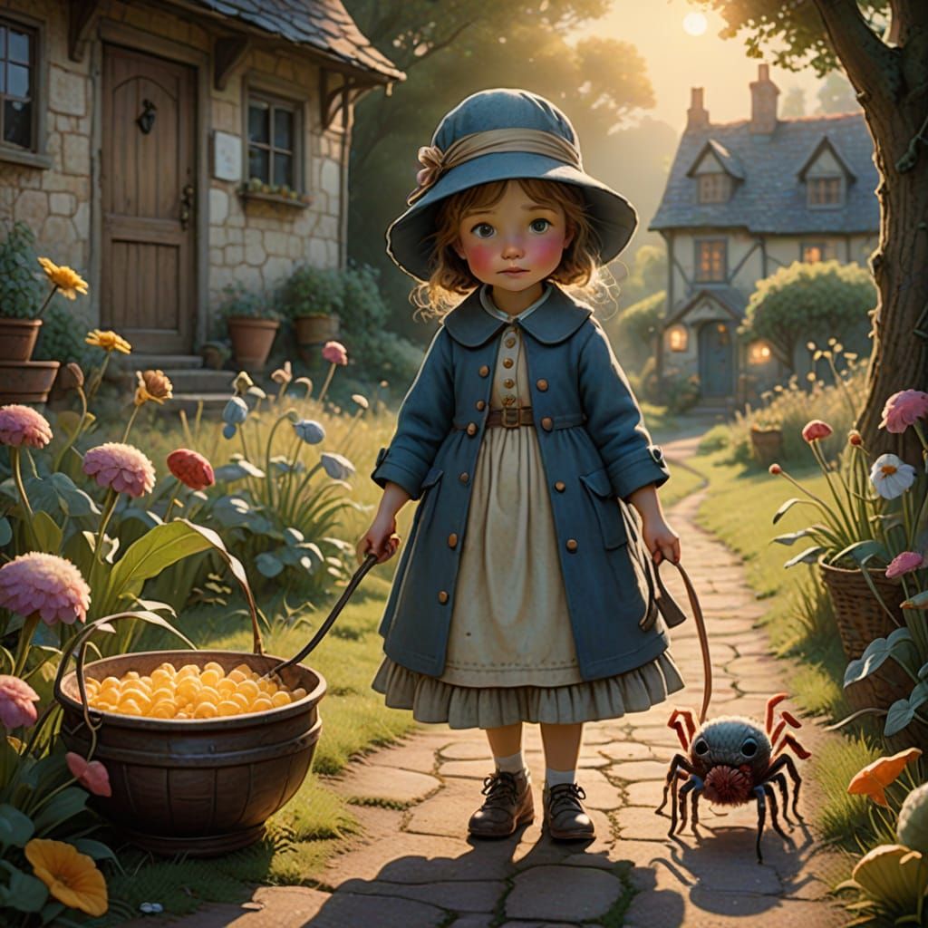 Little Miss Muffet and Pet Spider in Sunlight