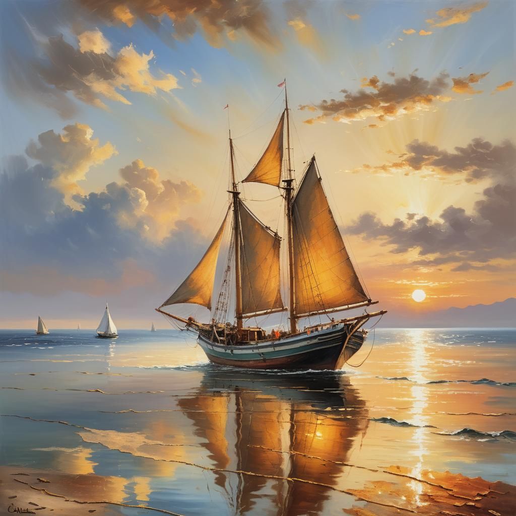 Maritime Oil Painting: Fishing Boat at Sunset