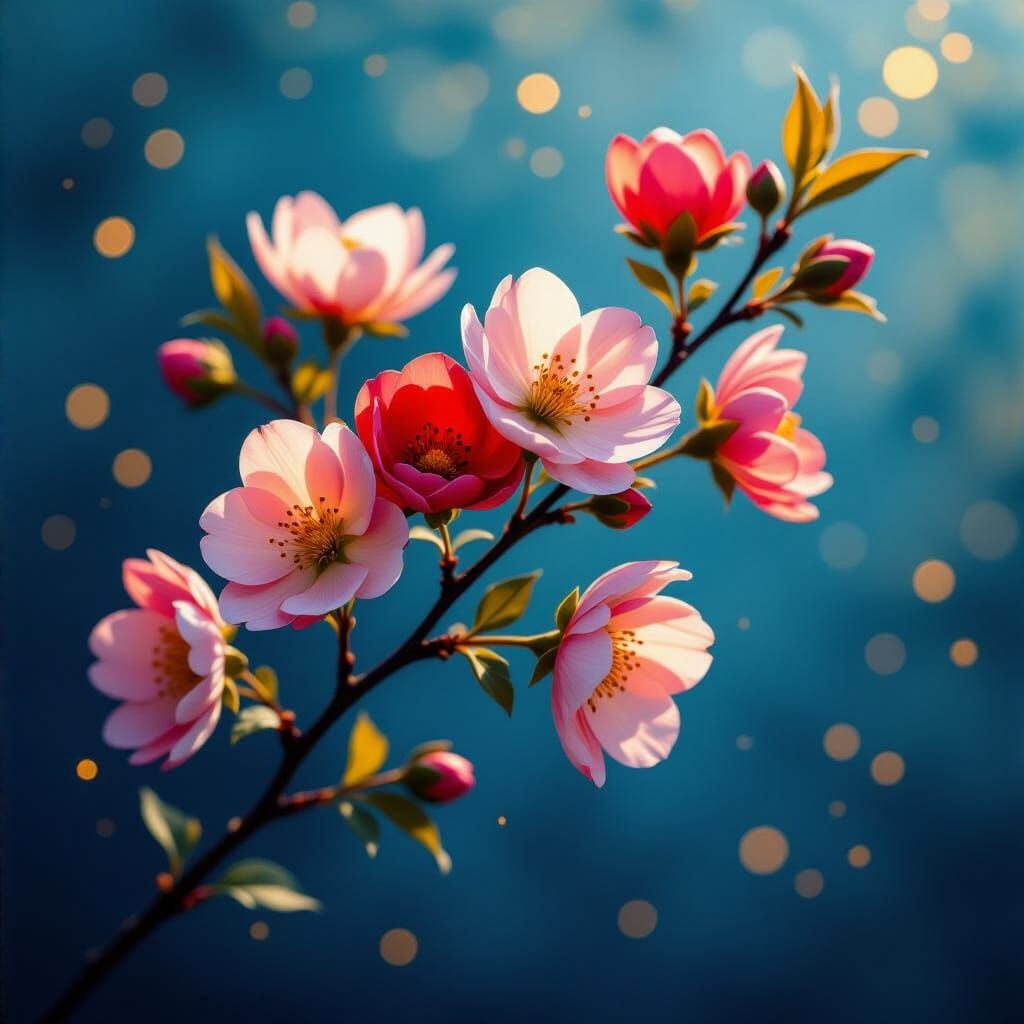 Impressionistic Autumn Branch with Flowers by Monet Style