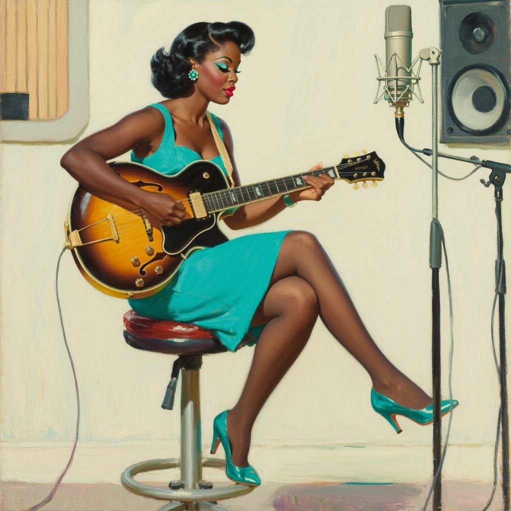 Black Woman Playing Guitar in 1960s Motown Studio
