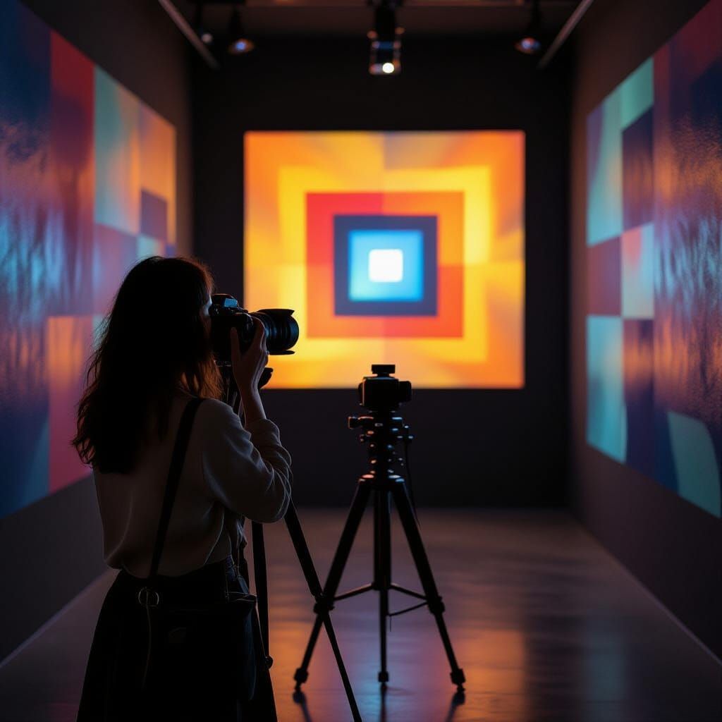 Woman Viewing Camera Obscura with Abstract Art Style