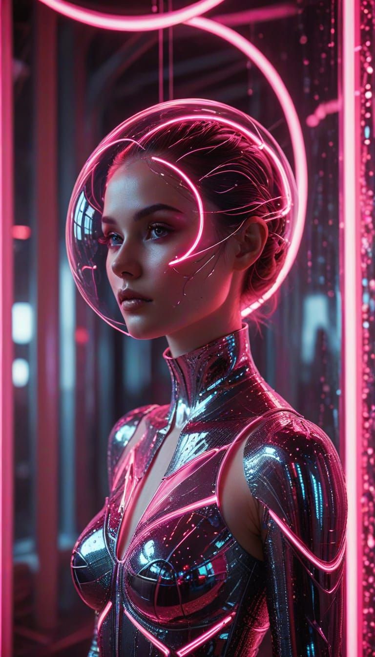 Futuristic Woman with Diamond Rings in Dystopian City