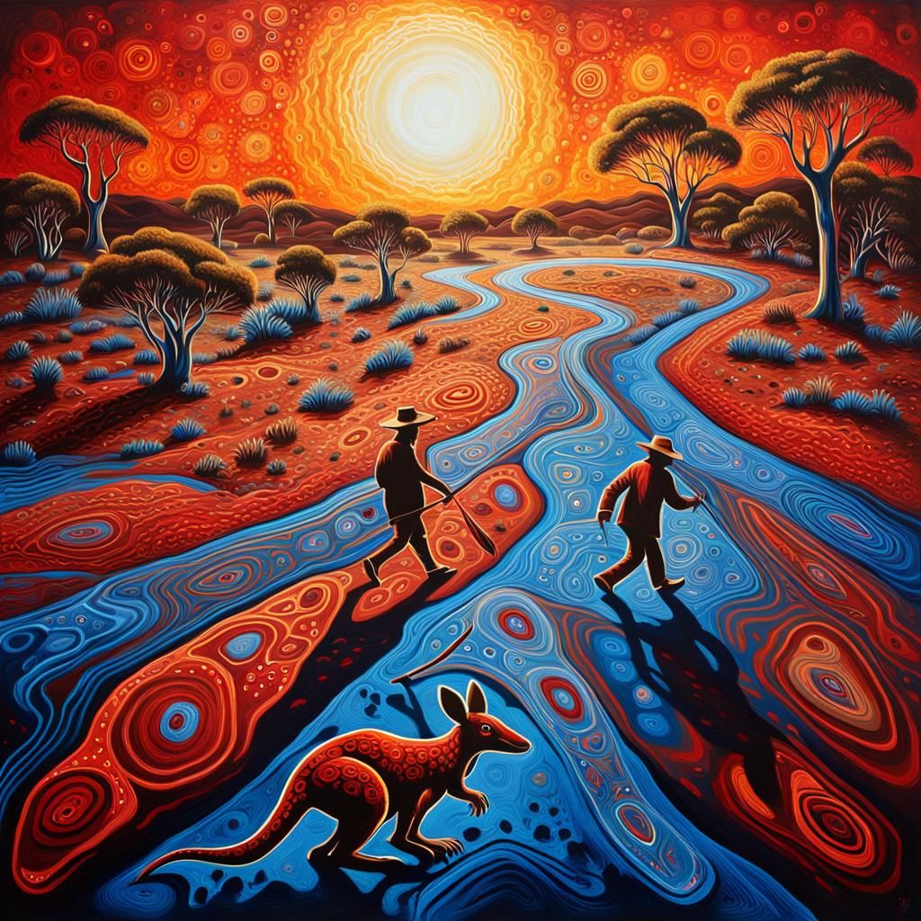 Aboriginal Hunters in Dreamtime Graffiti Art