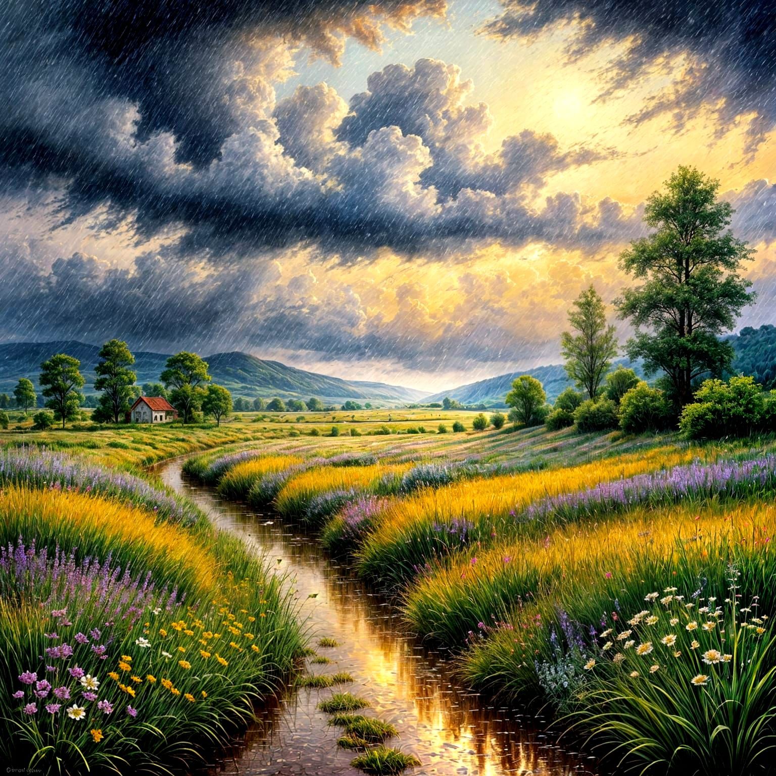 Rainy Countryside Landscape in Pointillist Style