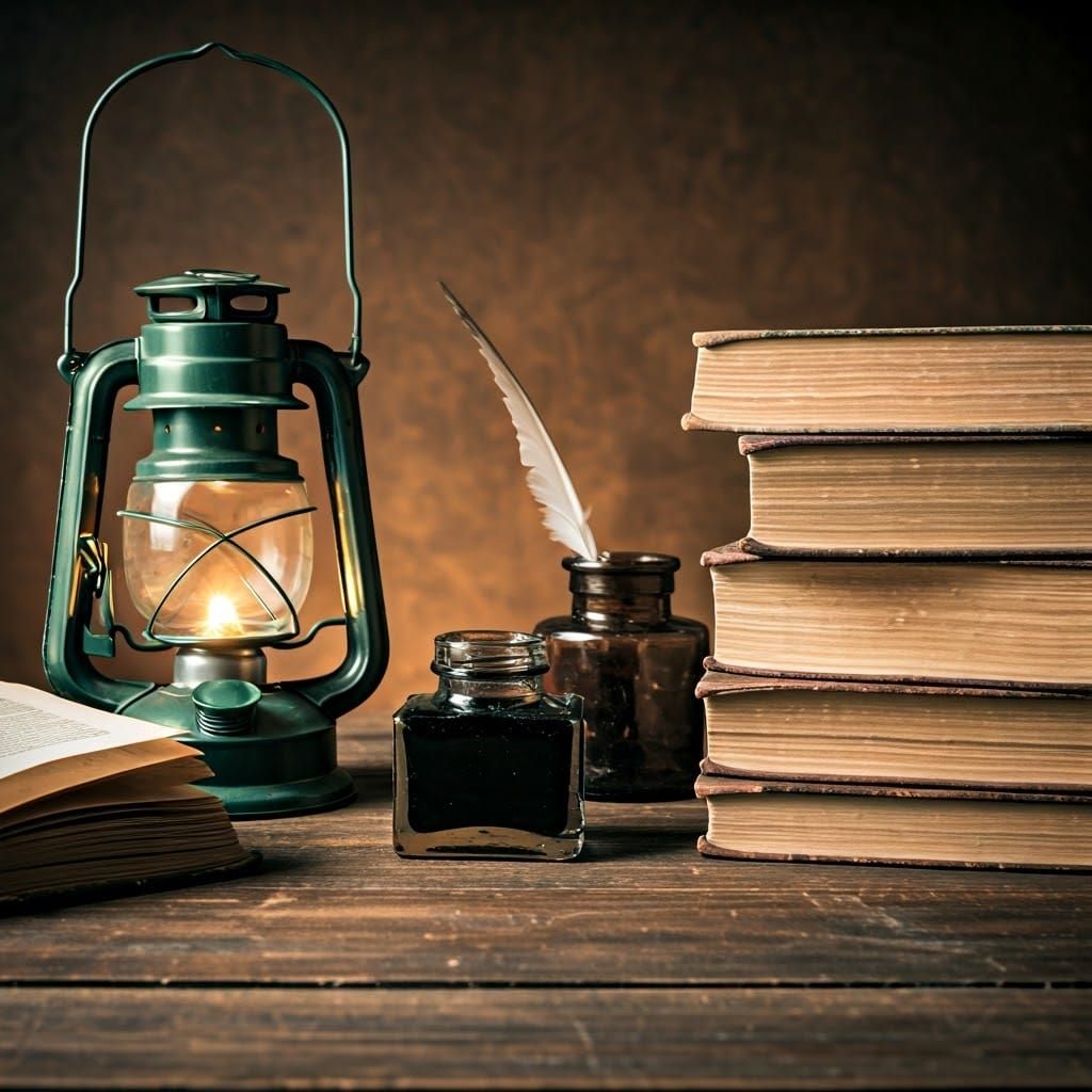 Antique Wooden Desk with Vintage Treasures in Warm, Nostalgi...