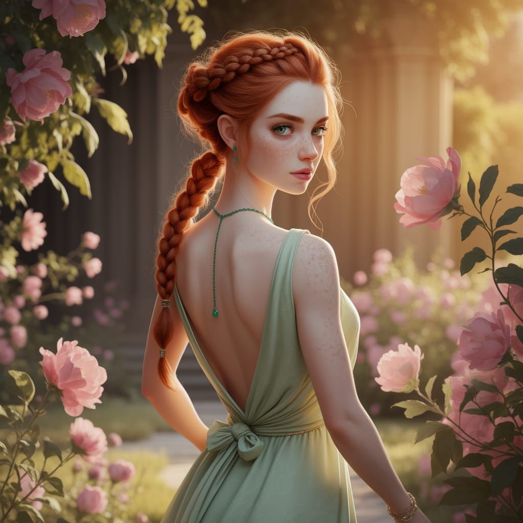 Astraea in Sunlit Garden: Digital Concept Art