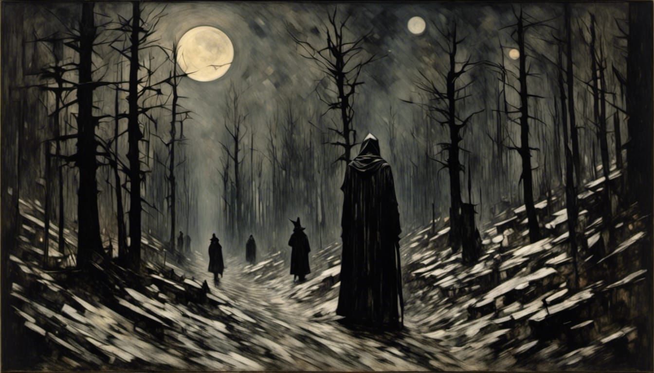Hooded Figure in Shadowy Moonlit Forest